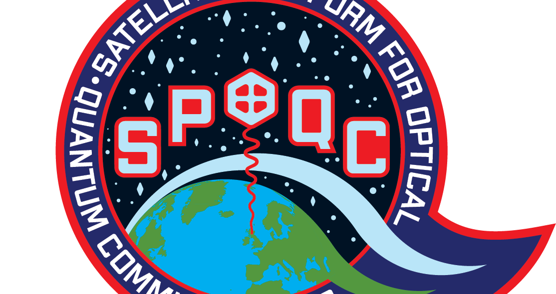 Image showing the logo design for the SPOQC mission: a stylised capital Q letter with the words Satellite Platform for Optical Quantum Communications spelled out across the outline and an image of space with a cube satellite acting as the letter O in the spelled out word SPOQC hovering over the earth surface.